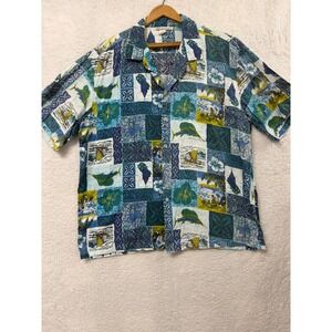 Made in Hawaii Vintage Aloha Shirt Mens XL Blue Patchwork Tropical Fish Nautical